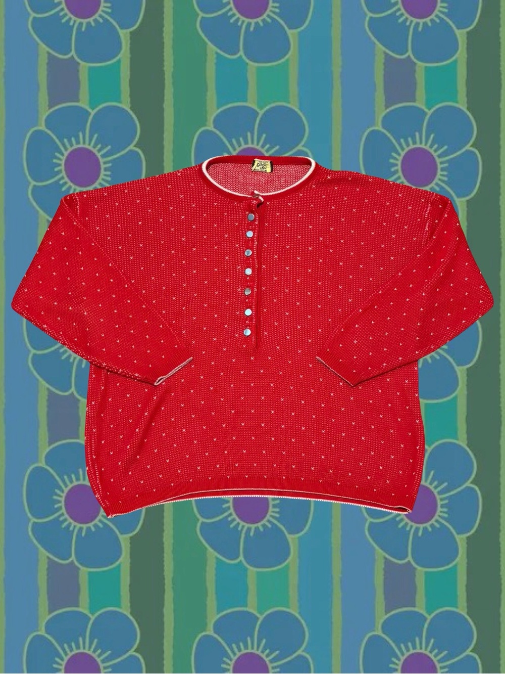 Vintage Red Crewneck Sweater with Silver Button Up Neckline